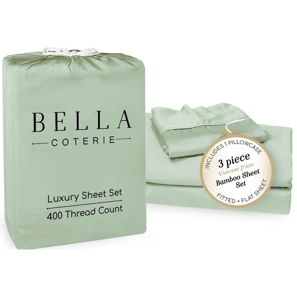 Bella Coterie Luxury Bamboo Sheet Set Twin Sea Glass 400TC Cooling 3pc Bedding